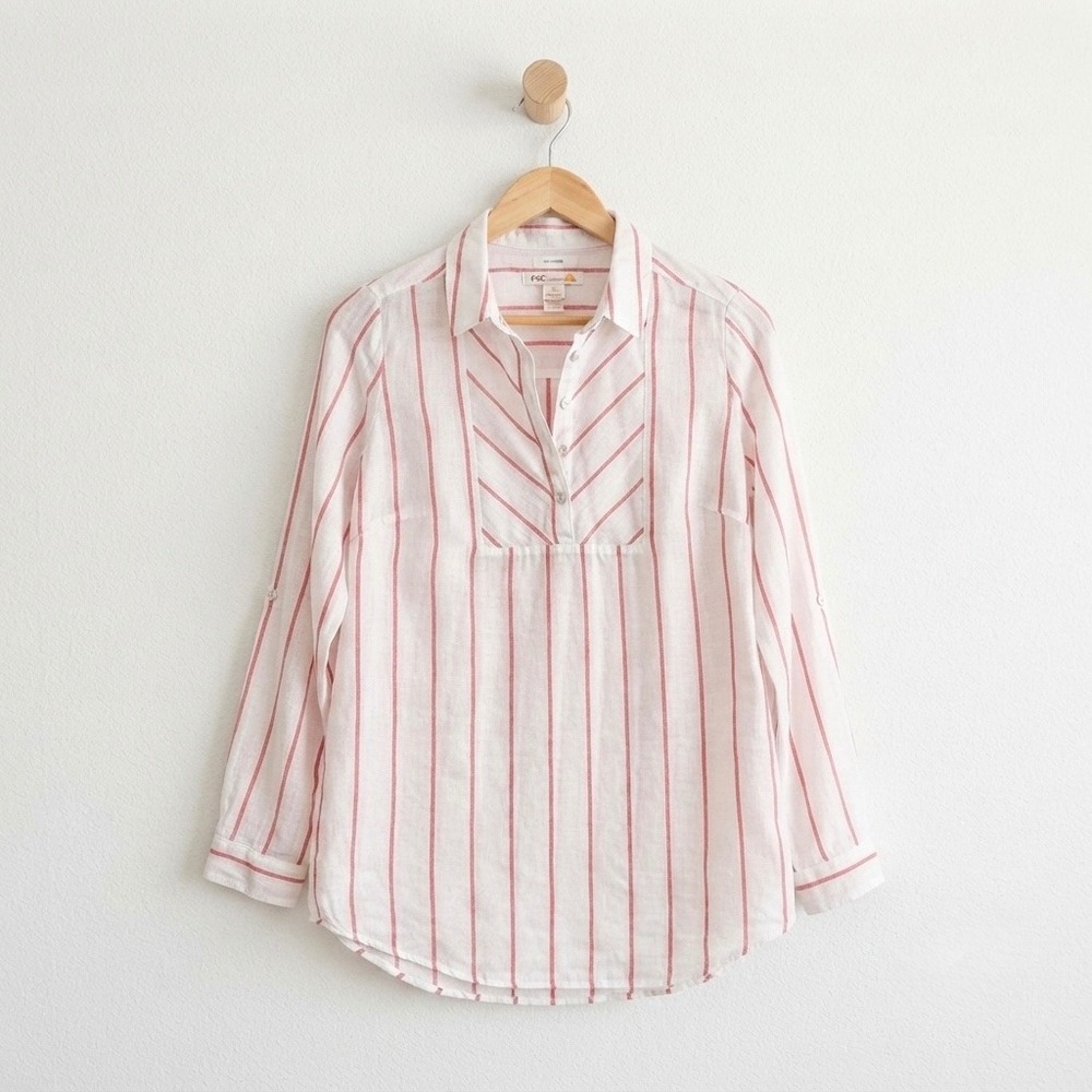 C&C California Coastal Grandmother 100% Linen Striped Tunic Shirt Beachy L